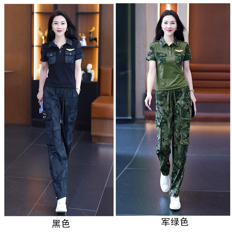 扩旅夏季迷彩服新款高腰显瘦直筒工装裤女薄款两件套短袖套装6661