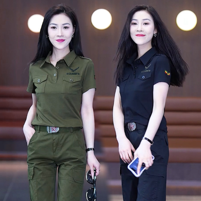翻领短袖体恤迷彩服运动套装女