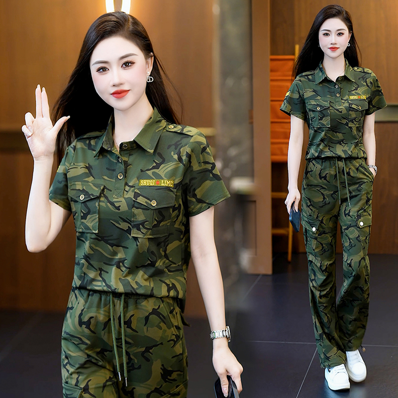 薄款绿迷彩服休闲夏季新款短袖运动两件套女士黑迷彩服套装一整套