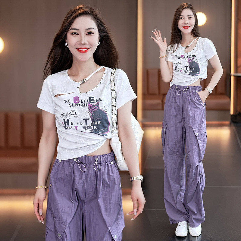 休闲工装裤套装女2024夏季新款小个子无袖T恤迷彩阔腿裤两件套潮