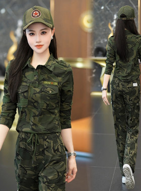 迷彩服夏季新款套装女短袖工装长裤时尚水兵运动休闲两件套8056