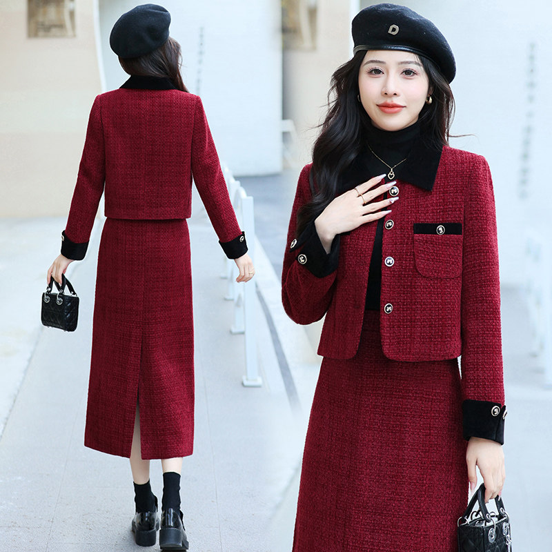 夏娃专柜高档小香风套装裙女2026年春秋显瘦毛呢外套半身裙两件套