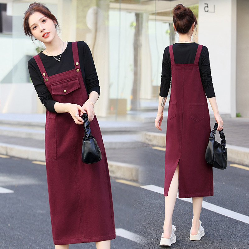 新款牛仔背带裙套装女2024夏季小个子洋气减龄长袖连衣裙两件套潮