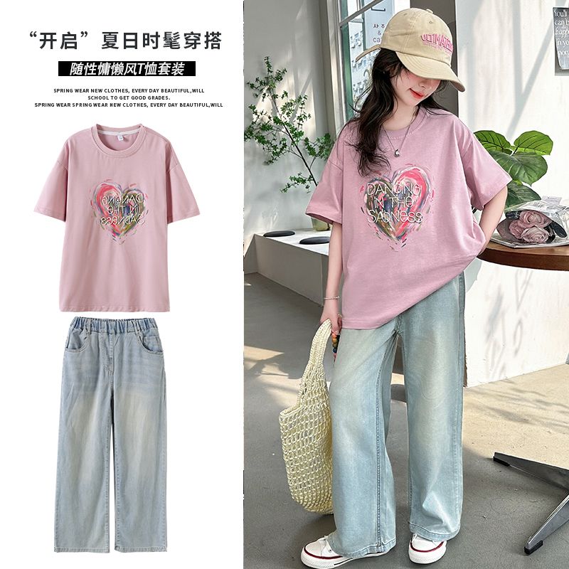 女童时髦套装洋气夏装中学生纯棉T恤五分中分牛仔阔腿裤两件套潮