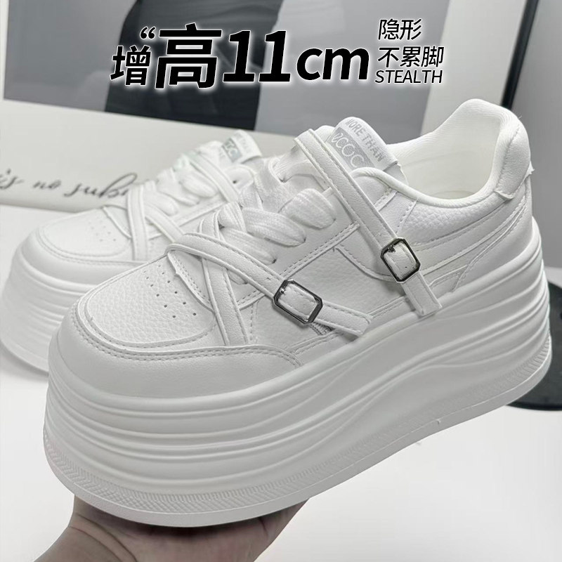 厚底小白鞋女秋冬内增高11cm双扣带松糕底休闲小个子百搭时尚板鞋