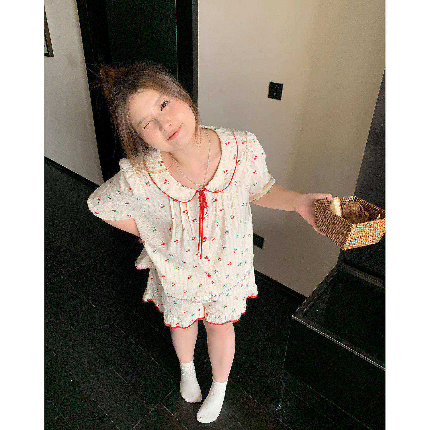 ALINDM大码胖mm小樱桃可爱睡衣女夏薄款200斤纯棉宽松家居服套装