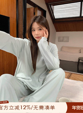 ALIN大码家居胖mm宽松打底内搭秋冬200斤纯色长袖睡衣家居服套装