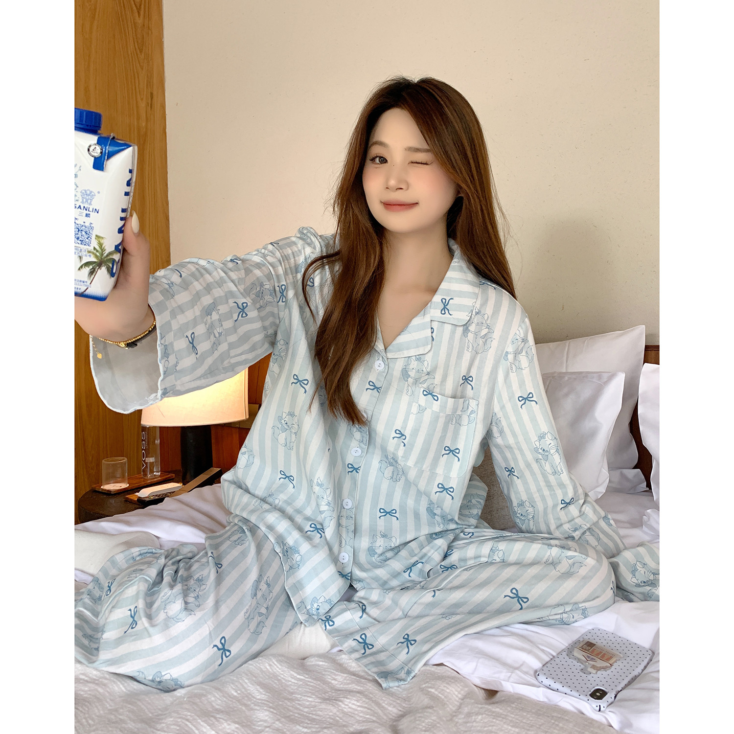 ALIN大码家居胖妹妹mm蓝色条纹长袖睡衣可爱200斤早秋家居服套装