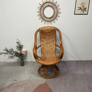 凤尾转椅藤编单人高靠背藤转椅天然真藤懒人转椅扶手藤编旋转椅子