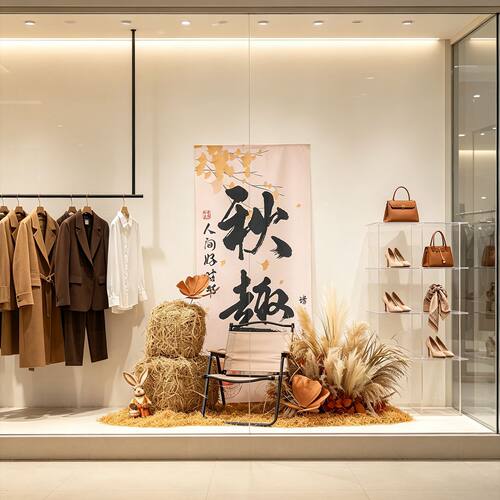 店铺氛围布置装饰场景服装店橱窗造景仿真芦苇中秋国庆节氛围美陈