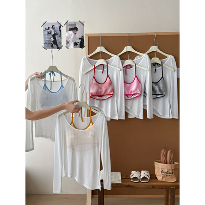 法式冰丝雪花棉防晒罩衫T恤背心