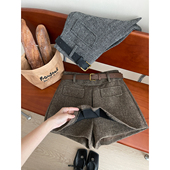 miu韩系小香风假两件毛呢料短裙靴裤 女秋冬法式 防走光a字半身裙子