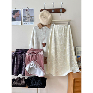 法式复古加绒钻石金丝绒半身裙女秋冬垂感洋气质显瘦a字鱼尾裙子