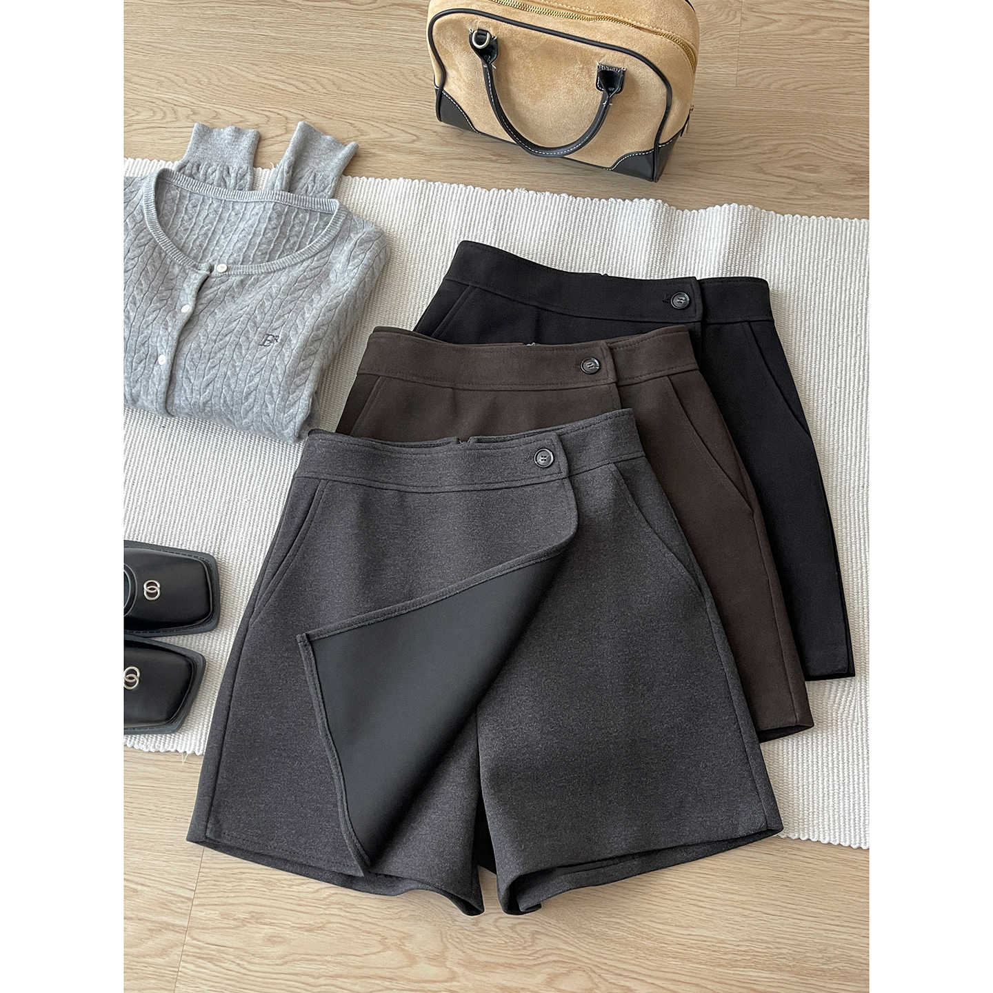 复古侧开叉防走光毛呢料西装短裤裙女秋冬假两件休闲a字半身裙子