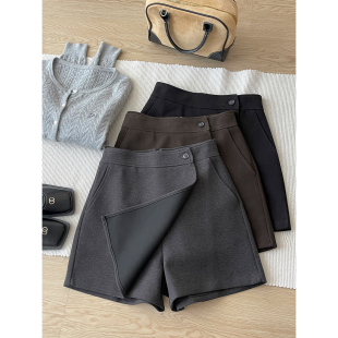 复古侧开叉防走光毛呢料西装 裙女秋冬假两件休闲a字半身裙子 短裤