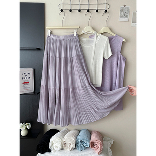 法式雨雾紫藤色大摆压百褶蛋糕长裙女夏温柔风蓬蓬a字仙仙半身裙