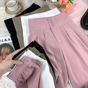 排扣高腰开叉工装束脚西装裤女春宽松垂感九分灯笼休闲阔腿哈伦裤