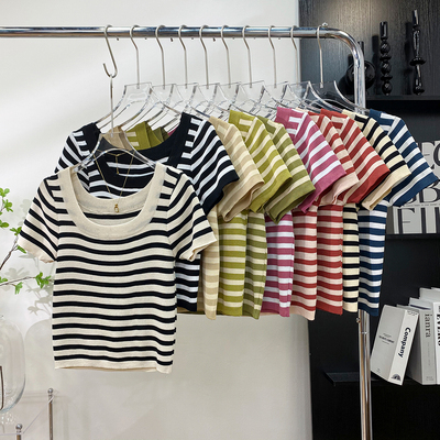 撞拼色洋气质条纹短袖打底针织衫