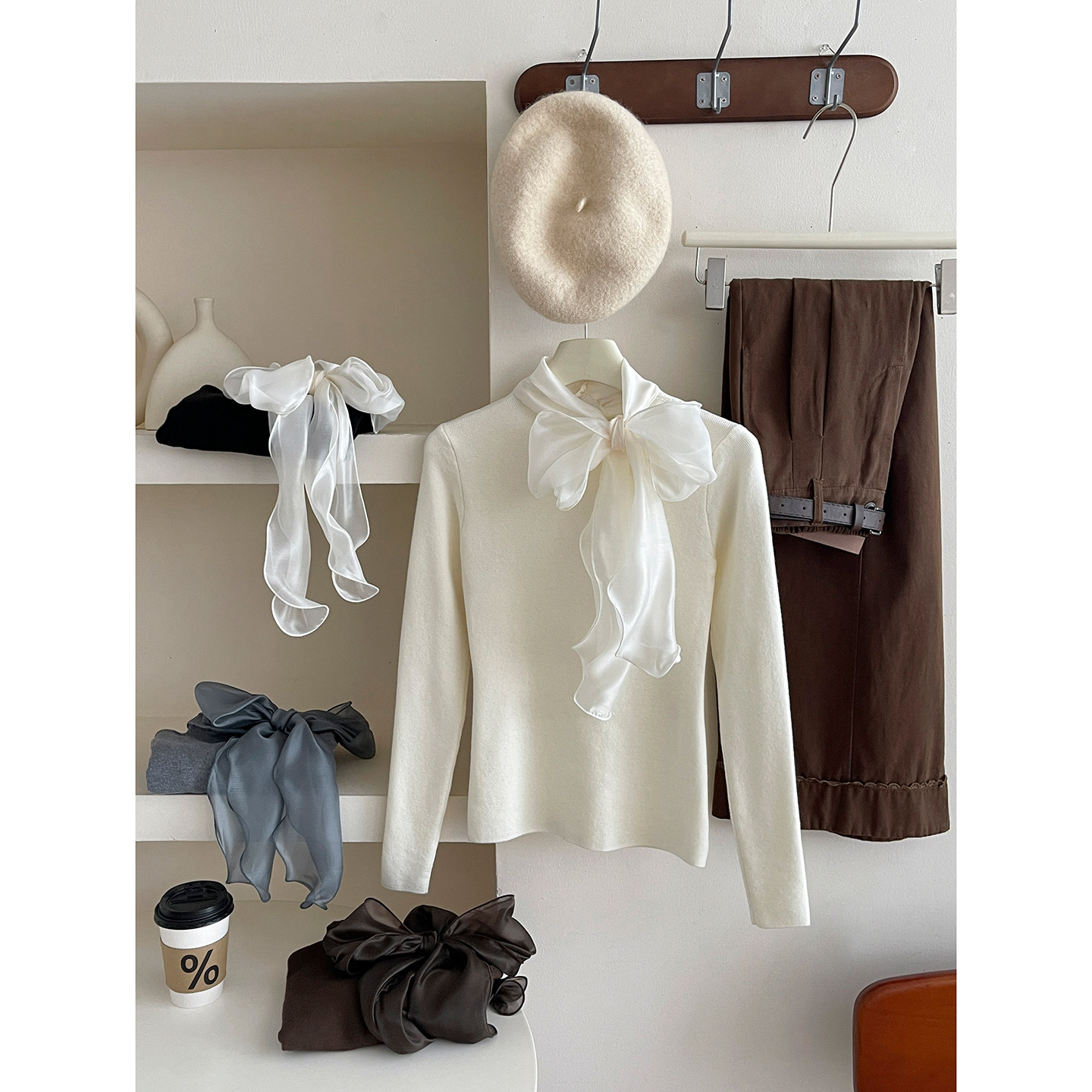 法式复古蝴蝶结丝巾飘带领针织衫