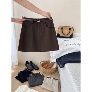 韩国chic咖色天丝洗水棉西装短裙女秋洋气质包臀A字百搭半身裙子