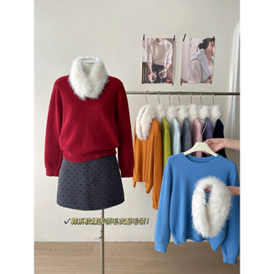 日韩系氛围感复古温柔毛线衣女秋冬百搭配毛领围巾针织衫 两件套装