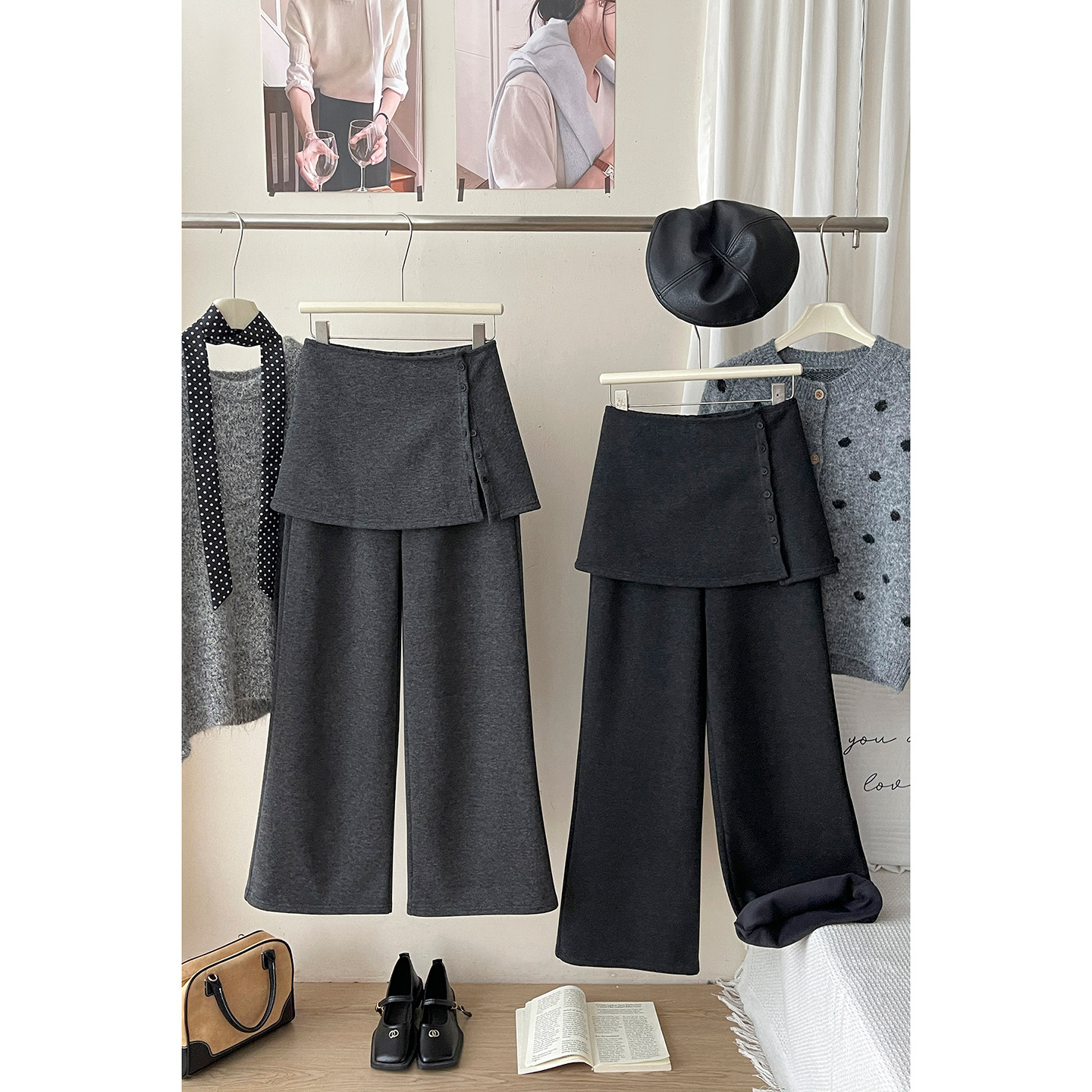 法式复古加绒厚羊绒两件套阔腿裤女秋冬日韩系搭配屁帘直筒休闲裤,女装/女士精品,休闲裤,淘宝优惠券,粉丝福利购,淘宝优惠卷