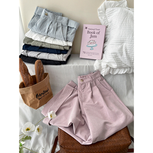 日韩系复古两穿翻卷边洗水棉阔腿裤 女春夏宽松弛感直筒休闲大脚裤