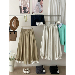 日韩系蕾丝花边拼接花苞灯笼阔腿裤 女春夏复古松弛感气球休闲裙裤