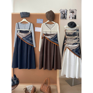 法式 复古老钱风丝巾茧形花苞半身裙女秋慵懒风休闲灯笼气球长裙子