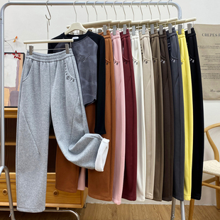 数字刺绣加绒阔腿弧形香蕉卫裤女秋冬宽松休闲显瘦百搭弯镰刀裤子