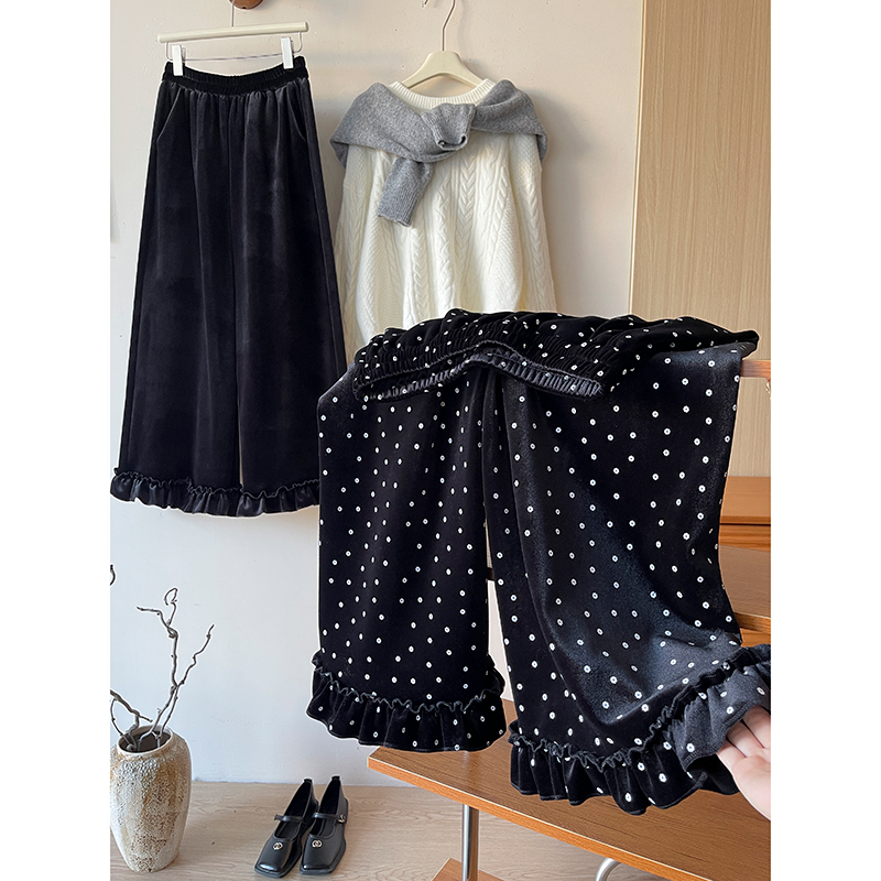 小花朵波点金丝绒木耳荷叶边阔腿裤女秋冬加绒松弛直筒大脚休闲裤