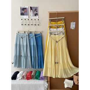 法式 复古大摆冰天丝竹节麻棉蛋糕裙女夏波西米亚度假风a字半身裙