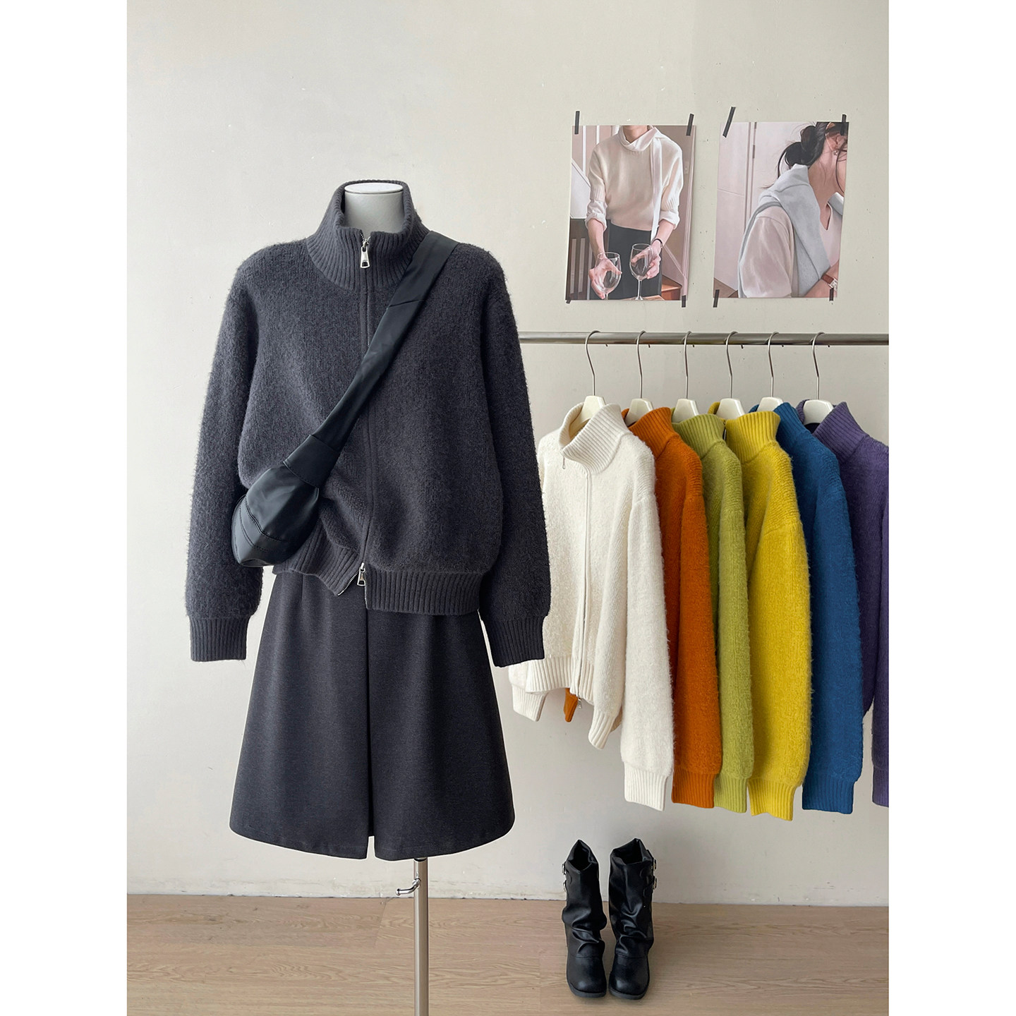 韩系双拉链翻立领圈圈毛羊绒毛衣外套女秋冬松弛感慵懒休闲针织衫,女装/女士精品,毛针织衫,淘宝优惠券,粉丝福利购,淘宝优惠卷