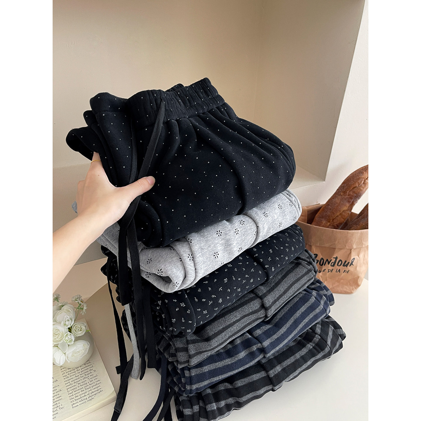 韩系抽绳束脚两穿加绒糯米羊绒阔腿裤女秋冬小波点条纹碎花休闲裤,女装/女士精品,休闲裤,淘宝优惠券,粉丝福利购,淘宝优惠卷