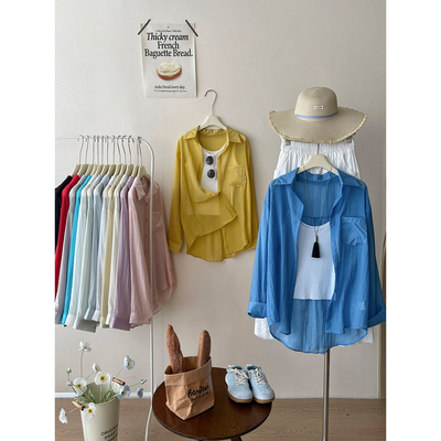 日韩系度假风冰天丝麻棉防晒衬衫