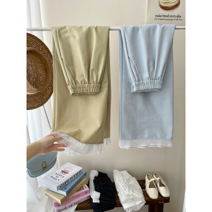 日韩系蕾丝木耳花边拼接洗水棉阔腿裤女夏复古甜美直筒休闲裤子薄