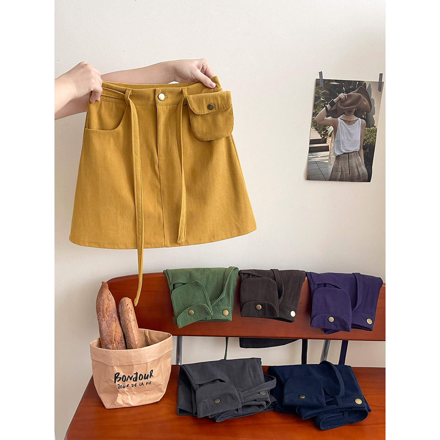 韩国chic复古百搭咖色工装短裙子