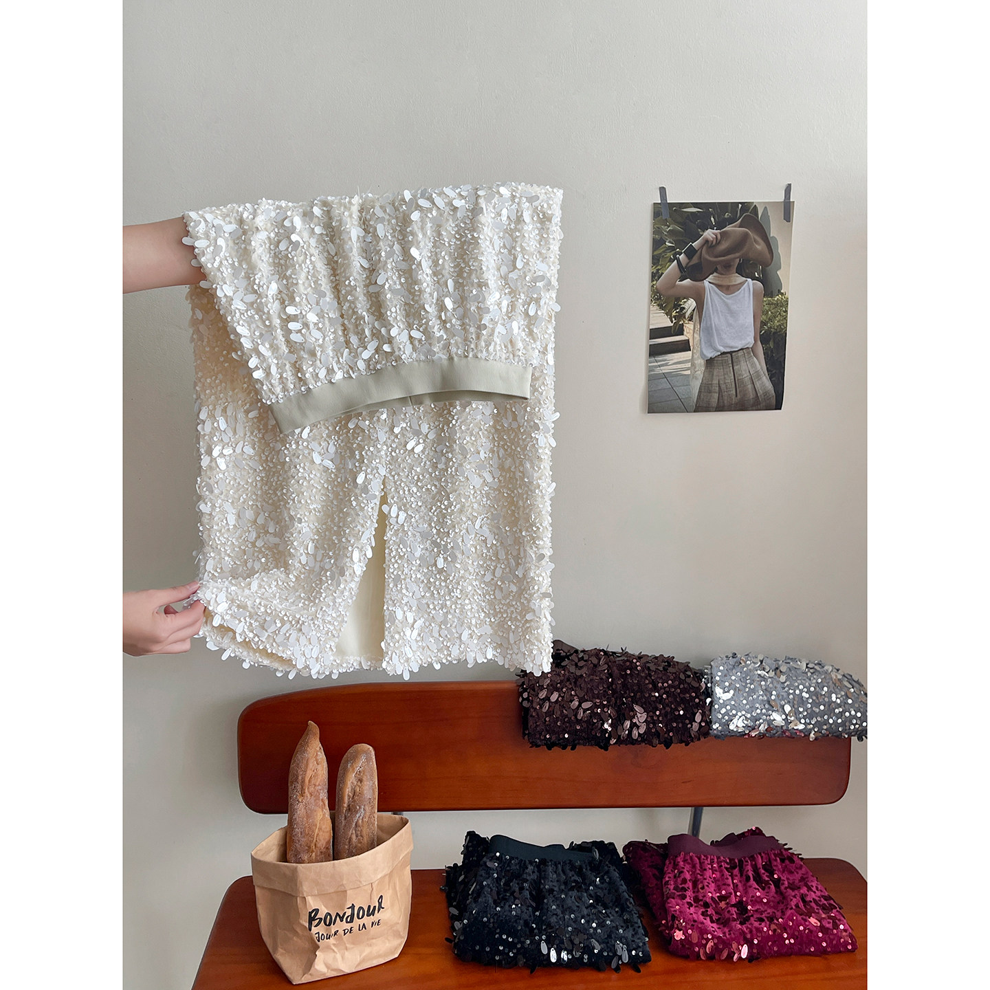 法式洋气质重工钉珠亮片半身裙子