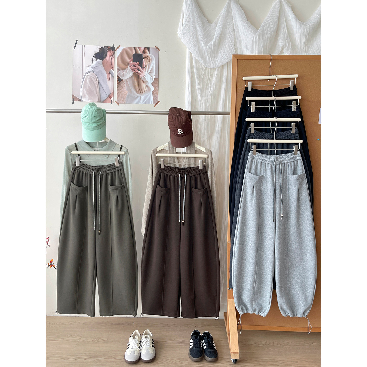 日韩系束脚两穿气球工装弯刀阔腿裤女秋松弛感慵懒风百搭休闲卫裤