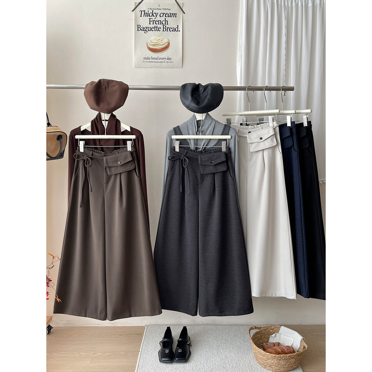 法式复古老钱风配腰包山本阔腿裤女秋冬日韩系毛呢料百搭休闲裤子,女装/女士精品,休闲裤,淘宝优惠券,粉丝福利购,淘宝优惠卷