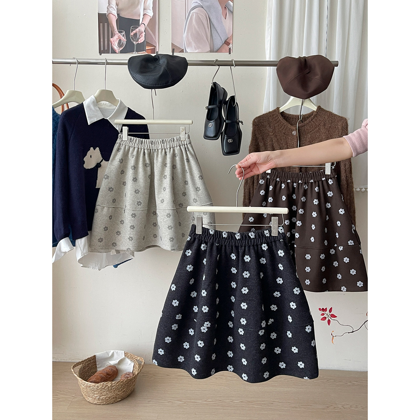 日韩miu系复古毛呢料花苞蓬蓬裙