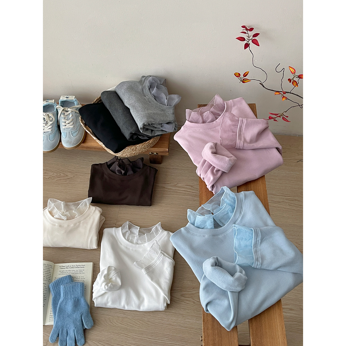 韩系网纱拼接木耳花边立领领T恤