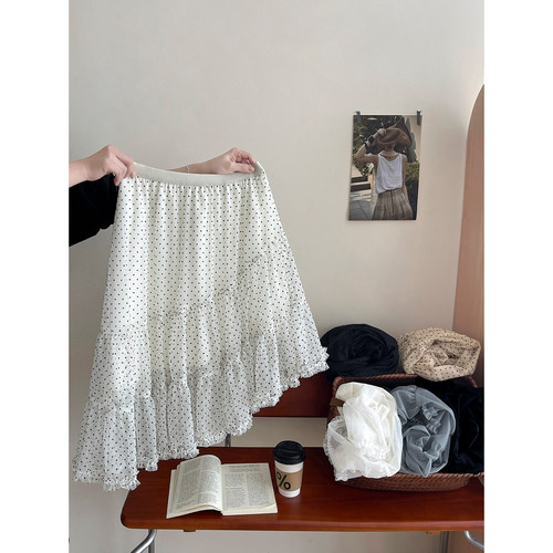 韩系法式不规则蕾丝波点蛋糕半裙