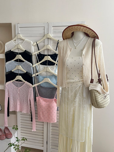 复古空调罩衫配波点针织吊带背心