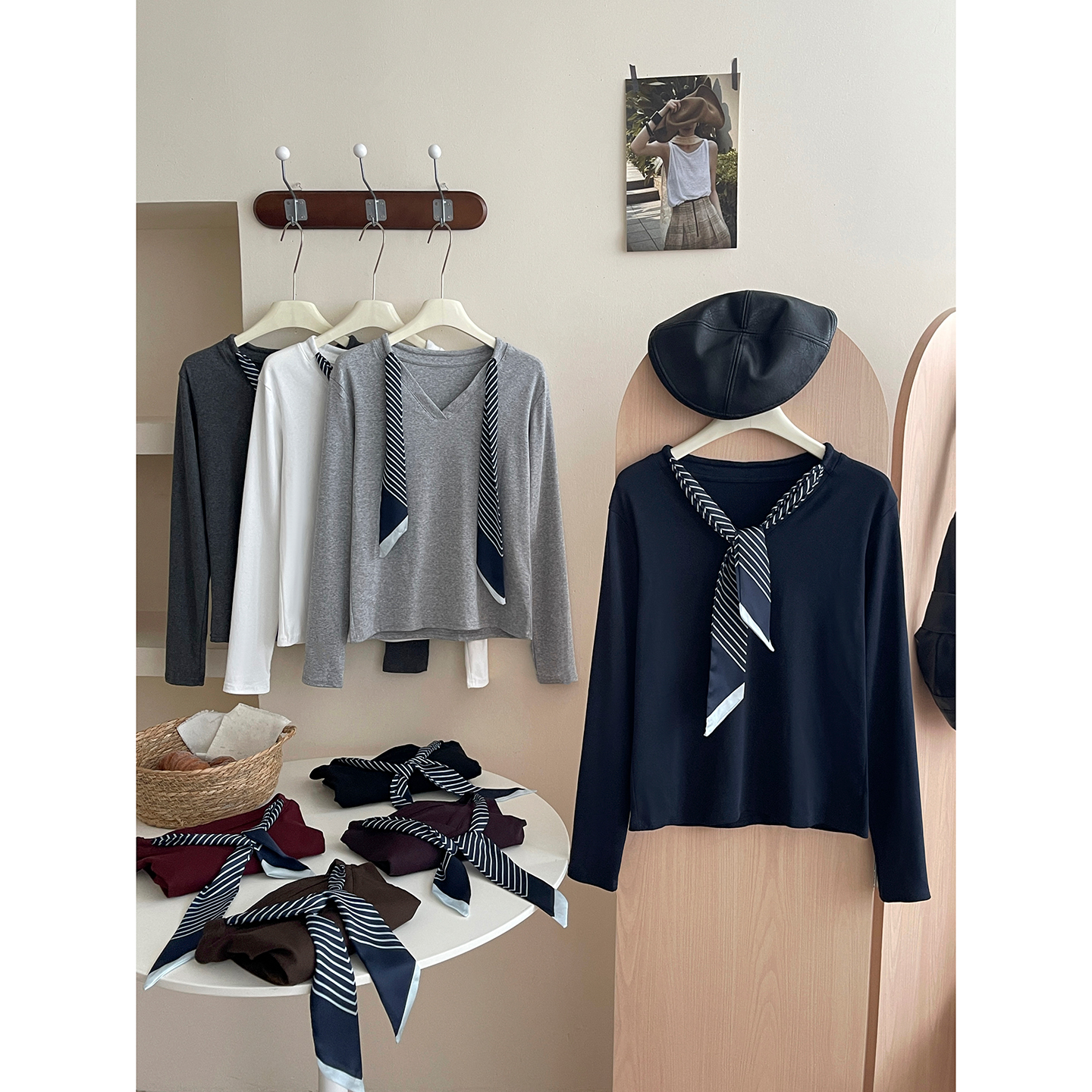 法式老钱风丝巾挂脖V领长袖T恤衫