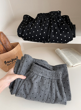 日韩系松弛波点加绒羊绒毛呢料气球阔腿裤女秋冬休闲弯刀花苞裙裤
