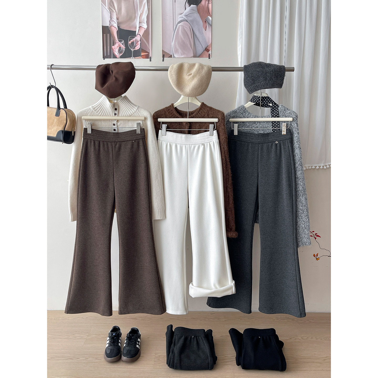 法式复古糯米羊绒加绒微喇叭裤子