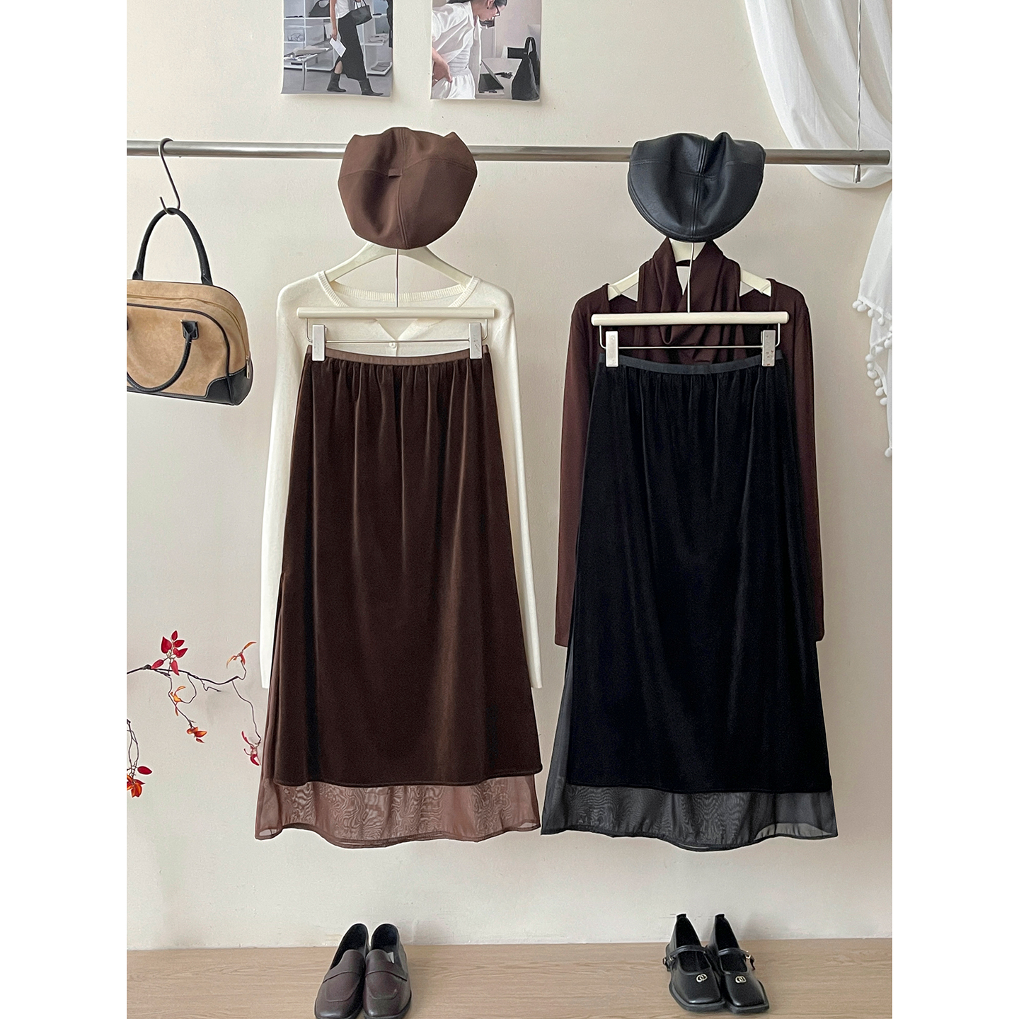 法式复古网纱拼接金丝绒半身裙子