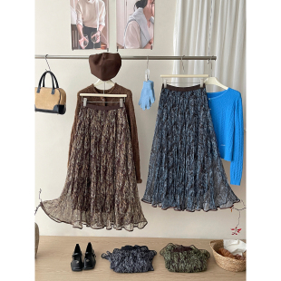 韩系复古松弛感网纱腰果花百褶半身裙女春夏复古慵懒大摆a字裙子