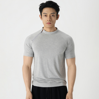 ROSTAT 240g莫代尔棉斜拉链修身短袖 男款健身运动休闲弹力T恤